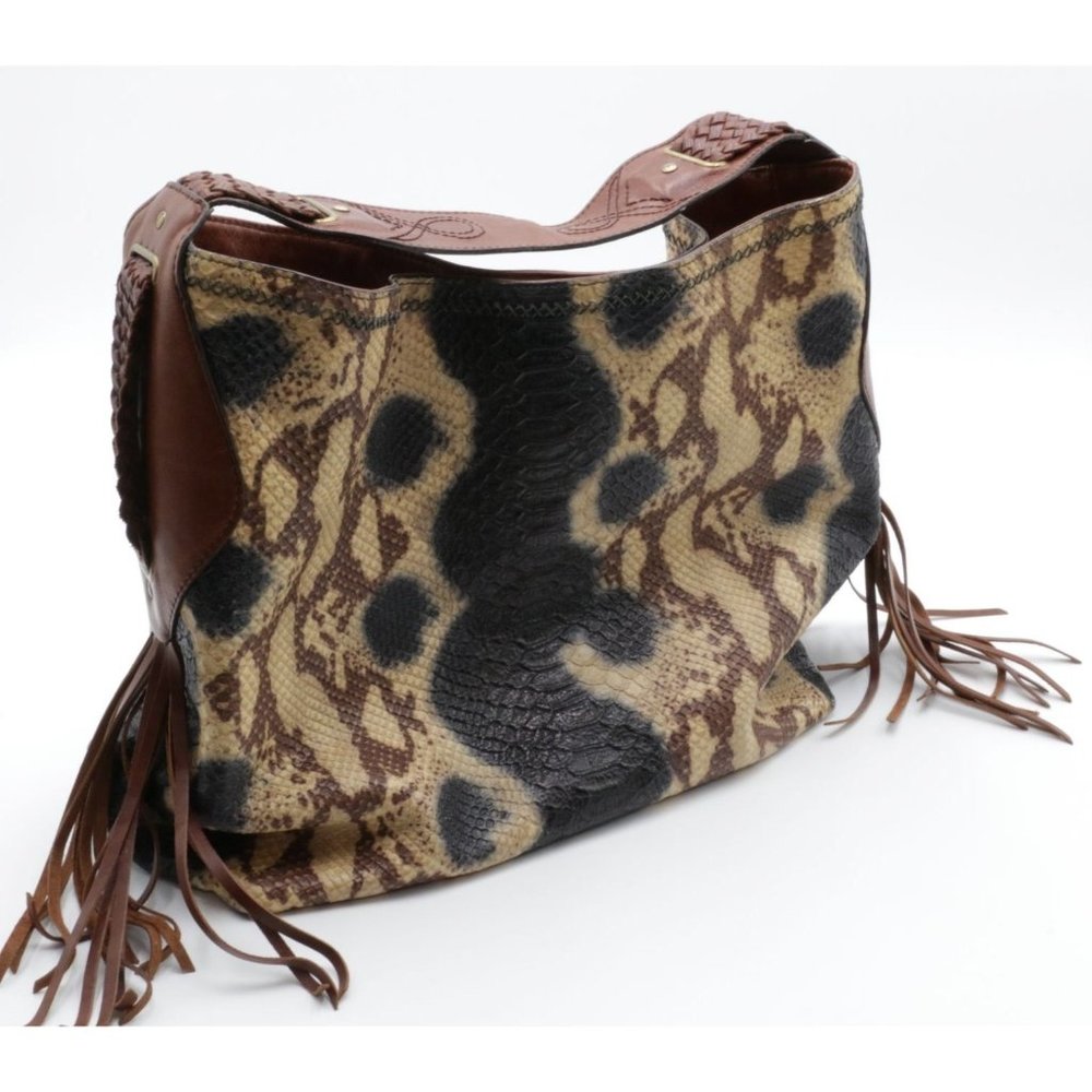 Cole Haan Sierra Snake Print Leather Tasseled Western Cowgirl Purse Handbag